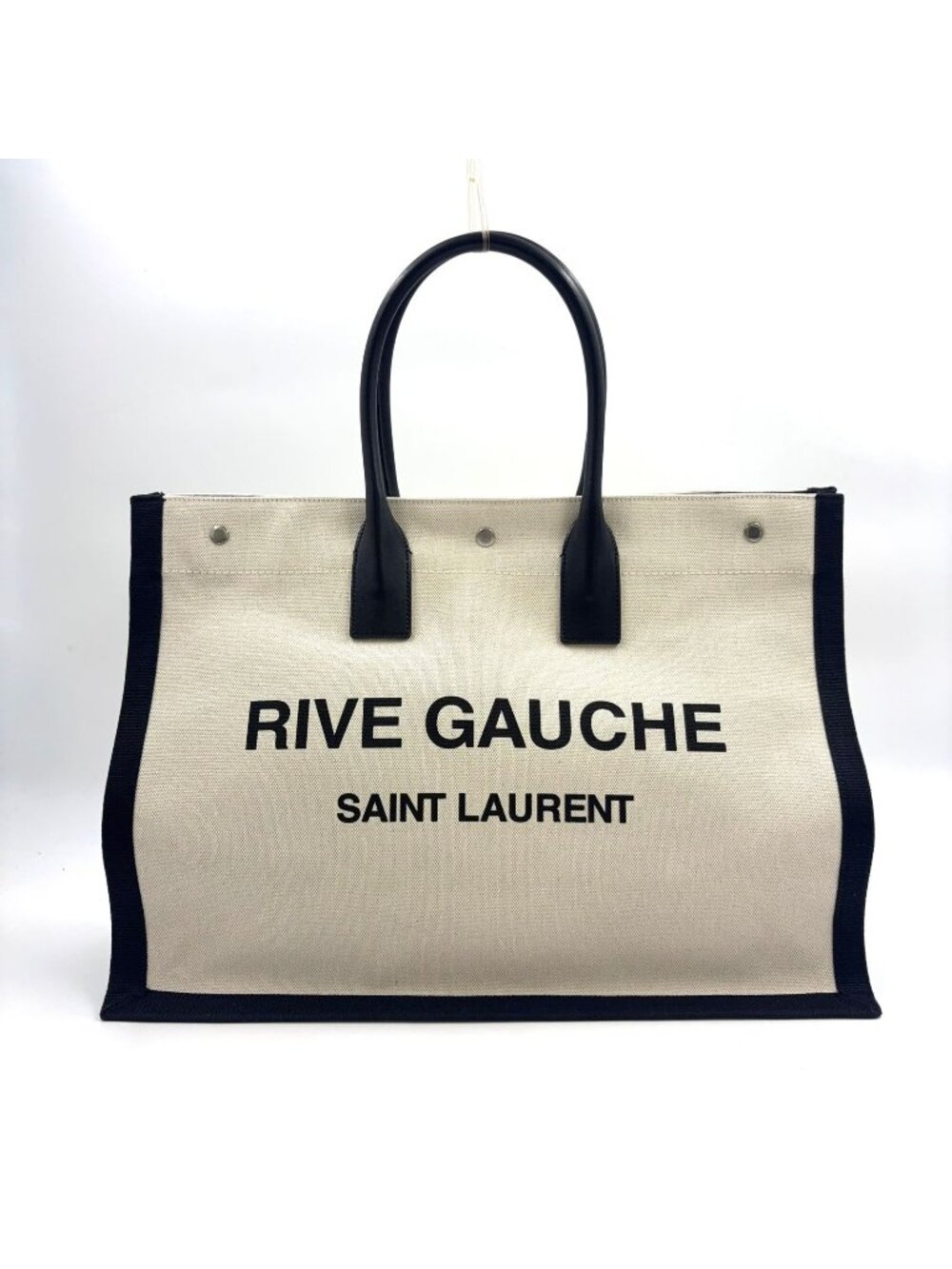Saint Laurent Paris Rive Gauche Leather Canvas Black Beige Tote Bag Silver